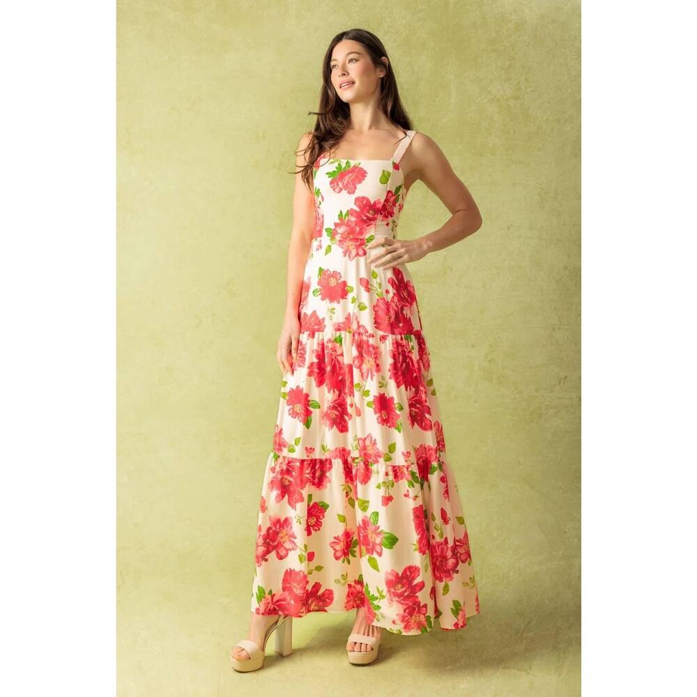 Flying Tomato red floral woven maxi dress tiered skirt Large wedding guest